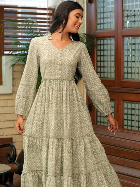 MULMUL OLIVE BLOSSOMS BLOCK PRINTED TIERED MAXI DRESS MULMUL OLIVE BLOSSOMS BLOCK PRINTED TIERED MAXI DRESS